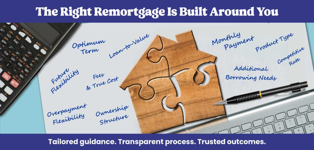 Remortgage advice concept with house puzzle, calculator and notes on loan-to-value, rates and borrowing needs – tailored remortgage guidance.