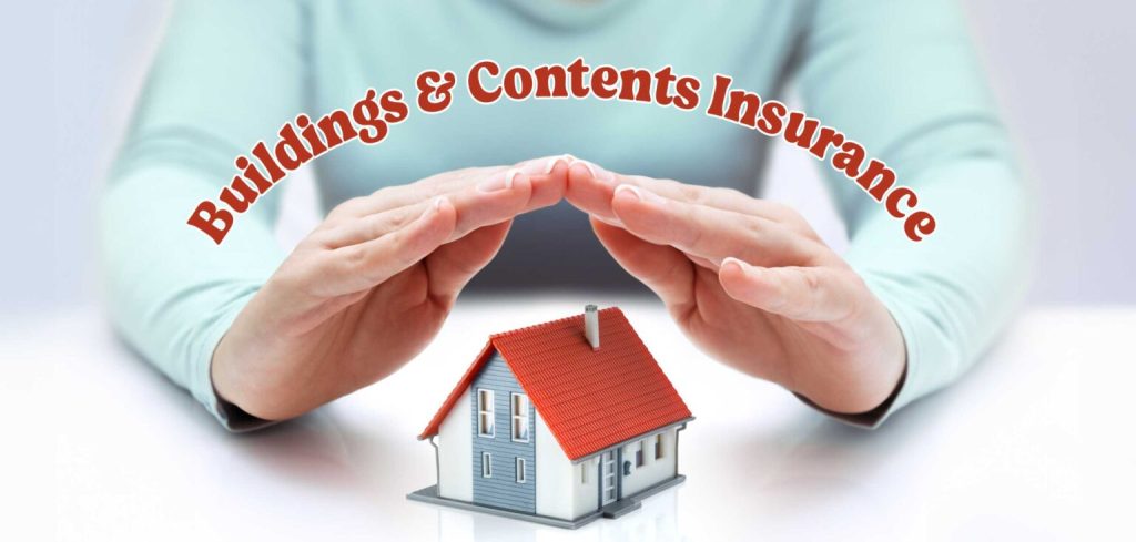 Buildings and contents insurance concept with hands protecting model house – home insurance cover for property and belongings.