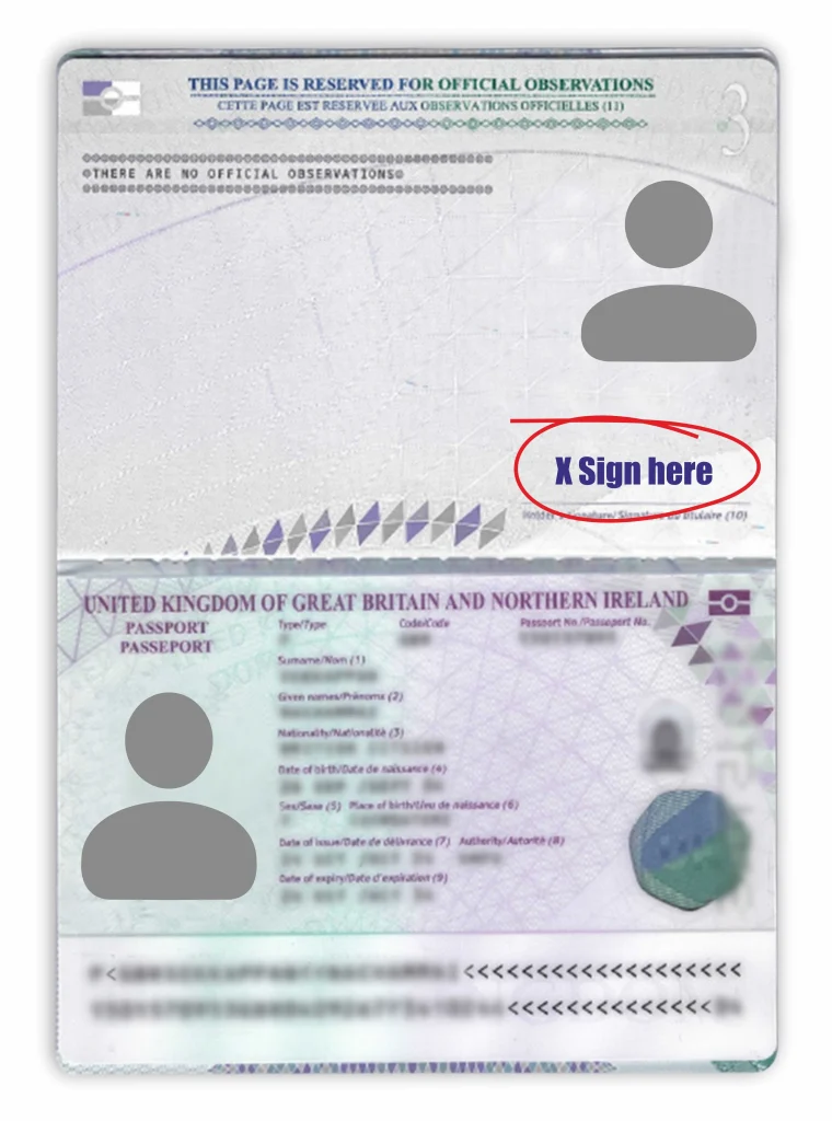 UK passport identity page showing where to sign with X sign here highlighted