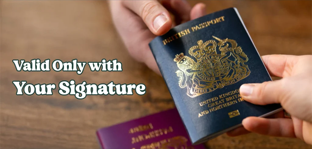 Person holding a British passport with text saying valid only with your signature
