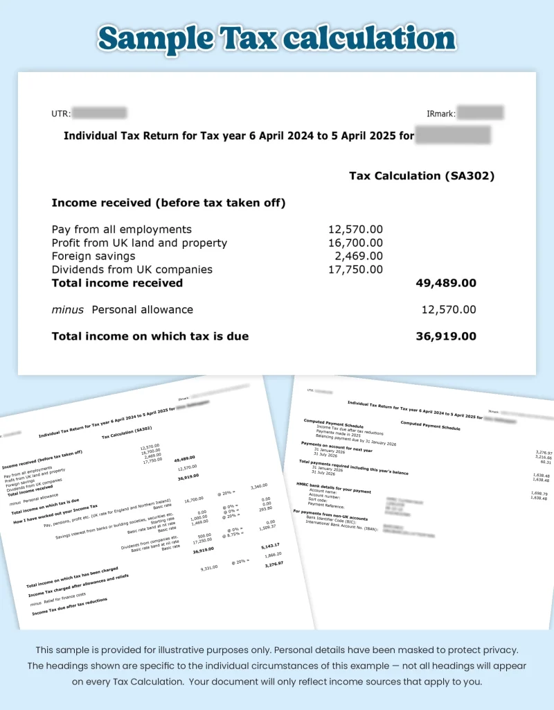 Sample SA302 tax calculation UK showing income breakdown, rental property income and total taxable income for mortgage affordability assessment.