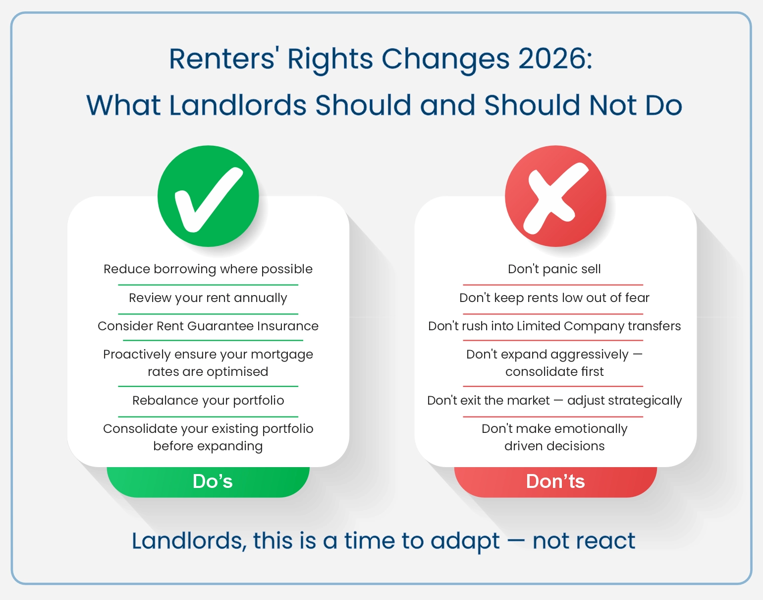 Infographic showing what landlords should and should not do under the Rentersâ Rights changes 2026