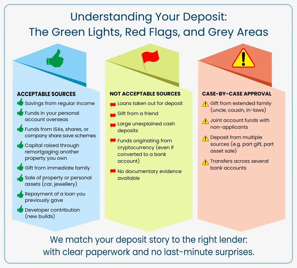 an educational infographic titled "Understanding Your Deposit: The Green Lights, Red Flags, and Grey Areas". The graphic breaks down mortgage fund eligibility into three columns: Acceptable Sources (such as savings and family gifts), Not Acceptable Sources (including loans and cryptocurrency), and Case-By-Case Approval (covering complex transfers or gifts from extended family).