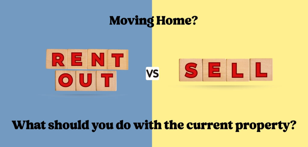 Wooden letter tiles spelling "rent out" versus "sell" on a split blue and yellow background, illustrating the choice homeowners face when moving