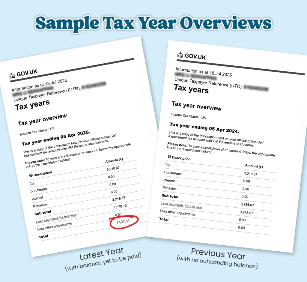Example of an HMRC Tax Year Overview showing tax due, payments made and the remaining balance